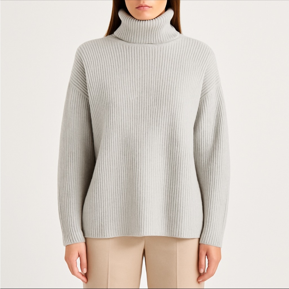 Babaton 100% Merino Wool Cowl Neck Sweater Neutral Ribbed Chunky Knit Sz Small